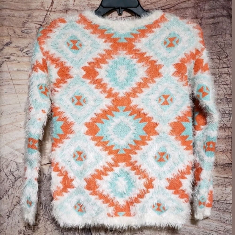 Fuzzy Aztec Pattern Sweater Small Orange Teal Cre… - image 5